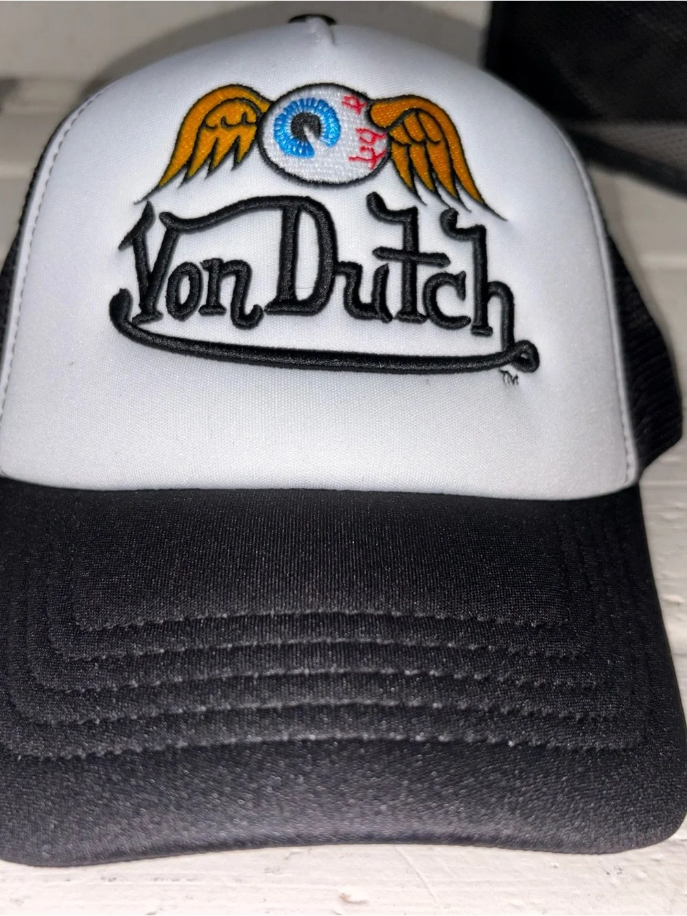 Von Dutch Black and White Trucker Hat with Winged Eye Patch - Picture 3 of 9